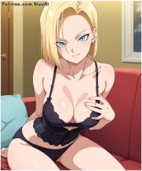 1girls ai_generated android_18 black_lingerie black_panties bluu_ai dragon_ball dragon_ball_z lingerie panties solo