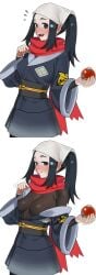 1girls absurdres akari_(pokemon) black_hair black_shirt blue_eyes blue_hair blush bodysuit breasts commentary eye_contact eyelashes female female galaxy_expedition_team_survey_corps_uniform grey_eyes headscarf highres hisuian_poke_ball holding holding_poke_ball jacket long_hair looking_at_viewer nia4294 nia_(nia4294) nintendo nipple_bulge open_mouth paid_reward_available poke_ball pokemon pokemon_legends:_arceus ponytail red_scarf sash scarf shirt sidelocks smile solo symbol-only_commentary tight_clothing white_headscarf