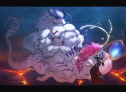abs animal_genitalia anthro ao_guang biceps big_penis blush bodily_fluids clenched_teeth clothed clothed/nude clothing dragon drooling duo eastern_dragon egg ejaculation embarrassed erection genital_slit genitals hair hand_on_abs hi_res huge_cock human kazhijun kneeling male male/male mammal muscular muscular_male mythological_creature mythological_scalie mythology nude oviposition penis robe sackless saliva scalie side_view size_difference standing tears teeth white_body