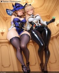 2girls ai_generated bangs bare_shoulders black_gloves black_legwear blonde_hair blue_rose blush book breasts brown_hair capelet cleavage closed_eyes couch cuckingmama cup curvy detached_sleeves dress drinking_glass earrings flower genshin_impact gloves green_eyes hair_flower hair_ornament half-closed_eyes hat hat_flower high_heels jean_(genshin_impact) jewelry large_breasts lisa_(genshin_impact) long_hair long_sleeves looking_at_viewer low_tied_hair multicolored_clothes multicolored_dress multiple_girls open_mouth pants purple_flower purple_headwear purple_rose rose sitting smile strapless tagme thick_thighs thighhighs thighs vision_(genshin_impact) wide_hips witch witch_hat