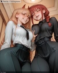 2girls ai_generated belt black_necktie black_pants blonde_hair blush braid braided_ponytail breast_grab breasts business_suit chainsaw_man cuckingmama deep_skin demon_girl demon_horns formal from_below grabbing grabbing_from_behind grabbing_own_breast grin groping hair_between_eyes hand_on_breast high-waist_pants horns long_hair looking_down makima_(chainsaw_man) medium_breasts multiple_girls necktie office_lady one_eye_closed pants power_(chainsaw_man) red_eyes red_horns ringed_eyes self_fondle sharp_teeth shirt shirt_tucked_in skirt smile suit tagme teeth yuri