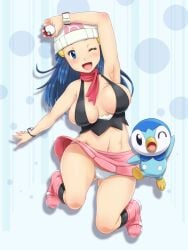 adapted_costume alternate_breast_size arm_up armpits ass_visible_through_thighs bare_arms bare_belly bare_shoulders big_breasts black_socks blue_eyes blue_hair blush boots bracelet breasts dawn_(pokemon) hat jumping long_hair midriff miniskirt no_bra one_eye_closed panties pantyshot pink_skirt pokeball pokemon scarf shikuta_maru sideboob skirt sleeveless_shirt socks thighs underwear white_panties wink