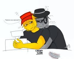 2boys artist_name blush chance_(forsaken) cream_soda_ dick_in_ass elliot_(forsaken) forsaken_(roblox) gay gay_sex hugs irritated loving_it male/male male_only no_condom penis roblox roblox_game robloxian russian_text self_upload speech_bubble tagme workplace x-ray_view
