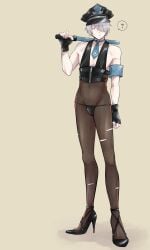 ? alternate_costume armband bodystocking bodysuit bulge crossdressing dilf full_body gegege_no_kitarou gloves hair_over_one_eye harness high_heels kitarou_tanjou_gegege_no_nazo male male_only medama_oyaji_(human) necktie pale-skinned_male pale_skin pantyhose police_baton police_hat police_officer police_uniform solo standing toned toned_male torn_pantyhose white_hair