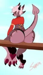 anthro backtattoo characterart demonfurry digitalart furry furryart furryoc heartpawpads horns lookingback originalcharacter pawpads pinkhair purplefur redtop sexyfurry sharkyz sittingpose spikes suggestive tail thicc thighs underwear