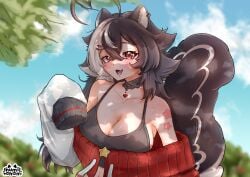 :d ahoge animal_ear_fluff animal_ears bangs bare_shoulders bikini_top black_bra black_hair blurry blurry_background blush bra breasts choker cleavage cross day depth_of_field eyebrows_visible_through_hair female grey_hair hair_between_eyes jewelry large_breasts long_hair long_sleeves looking_at_viewer momotexx_(vtuber) multicolored_hair oerba_yun_fang off_shoulder open_mouth outdoors red_eyes skin_fang sky sleeves_past_wrists smile solo star_(symbol) streaked_hair sweater tail tree two-tone_hair upper_body vyugen