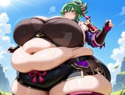 1girls ai_generated belly breasts disproportional exposed_fat_belly fat female genshin_impact green_hair hyper_belly hyper_breasts inazuma_girls inazuma_porn kuki_shinobu masked masked_female obese obese_female solo standing
