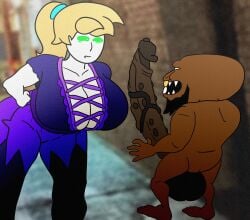 black_body cock cock_worship emerald_(lapiziold) emerald_eyes fat_cock goblin lapiziold long_penis pawg santiago scared spiky_cock surprised