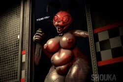 3d_(artwork) 5_fingers absurd_res belly big_breasts black_nose black_whiskers blood blood_on_knife blood_on_object blue_bow_tie bodily_fluids bow_tie breasts buckteeth checkered checkered_wall dialogue digital_media_(artwork) doorway eyebrows eyelashes female fingers first_person_view five_nights_at_freddy's head_tilt hi_res holding_knife holding_object holding_weapon humanoid inside knife long_ears looking_at_viewer low-angle_view nipples patchwork_clothing pink_tongue pupils red_sclera round_nose scottgames shoukaart slightly_chubby smile solo source_filmmaker_(artwork) stitch_(sewing) teeth text thick_thighs tongue vanny_(fnaf) vulva watermark weapon whiskers window