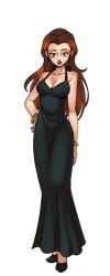 1girl bangle bare_shoulders black_background black_dress black_footwear bracelet breasts brown_eyes brown_hair cg cleavage collarbone curvy dress earrings full_body hand_on_own_hip hentai_heroes high_heels jewelry kinkoid large_breasts lipstick long_dress long_hair looking_at_viewer makeup medium_breasts no_bra official_art open_mouth parody regine_(hentai_heroes) simple_background sleeveless sleeveless_dress smile solo standing transparent_background wide_hips