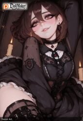 ai_generated artist_name black_dress blush brown_eyes brown_hair choker dollmaker dollmaker_(artist) dress ear_piercing earrings female jewelry looking_at_viewer lying on_back patreon_logo patreon_username smile solo spikes tagme watermark web_address