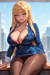 1girl ai_generated big_breasts black_bra black_thong blonde_female blonde_hair blue_jacket blue_miniskirt blue_sleeves breasts busty crystal_(crystal_m) crystal_m curvy curvy_female female female_only hoop_earrings long_hair long_sleeves looking_at_viewer miniskirt original original_character pantyhose secretary secretary_outfit seductive seductive_look shiny_skin sitting smiling smiling_at_viewer thick_legs thick_thighs thong tight_clothing voluptuous voluptuous_female waist wide_hips