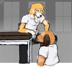 anthro bloodhound bodily_fluids border_collie bottomwear brown_body canid canine canis chair classroom clothed clothing collared_shirt collie covered_eyes desk domestic_dog dress_pants dress_shirt duo embarrassed exhibitionism exposed_teeth floppy_ears foreskin fur furniture genitals herding_dog hi_res hunting_dog joseph_(mucknagabe) long_ears looking_down male male/male mammal noi_(mucknagabe) open_bottomwear open_clothing open_mouth open_pants pants pastoral_dog penis scent_hound school school_desk school_uniform sheepdog shirt simple_background sitting slightly_chubby smell_(mucknagabe) sniffing spread_legs spreading sweat sweatdrop table teeth topwear unbuckled_pants unbuttoned_shirt uniform white_body white_fur window yellow_body yellow_fur