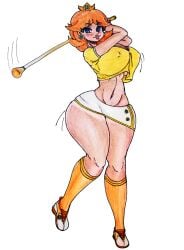 1girls absurdres big_breasts blue_eyes breasts brown_hair clothed clothing earrings english_text female female_only freckles front_view gaixas1 gaixas1draw golf golfing grass holding_object human long_hair mario_(series) mario_golf minidress motion_lines nintendo orange_hair outdoors outside plains princess_daisy short_dress solo standing text_bubble thick_thighs thighs wide_hips yellow_clothing yellow_dress