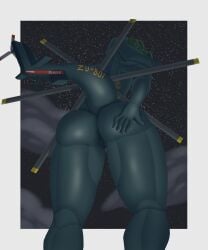 affront aircraft aircraft_humanoid ass big_butt blue_body border cloud eyeless female hand_on_butt helicopter hi_res huge_butt humanoid lineless living_aircraft living_machine living_vehicle low-angle_view machine mi-24_superhind mouthless night propeller rear_view shaded signature sky solo star tail thick_thighs vehicle vulva