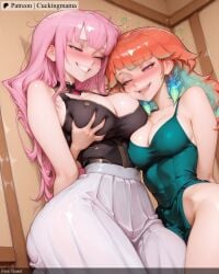 2girls ai_generated alternate_breast_size aqua_hair bangs bare_shoulders black_dress blunt_bangs blush breast_grab breasts cleavage cuckingmama dress eyebrows_visible_through_hair grabbing gradient_hair grin groping hand_on_own_chest hololive large_breasts long_hair mori_calliope multicolored_hair multiple_girls naughty_face nose_blush open_mouth orange_hair pink_eyes pink_hair self_fondle sharp_teeth smile spikes tagme takanashi_kiara teeth tiara virtual_youtuber yuri