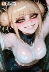 ai_generated bangs blonde_hair blunt_bangs blush breasts dollmaker dollmaker_(artist) double_bun eyebrows_visible_through_hair fangs female long_sleeves looking_at_viewer medium_breasts messy_hair patreon_username see-through skirt smile solo tagme teeth toga_himiko watermark web_address yellow_eyes