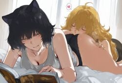 2girls black_hair blake_belladonna blonde_hair cat_ears eating_ass kizirugai reading rwby yang_xiao_long yuri
