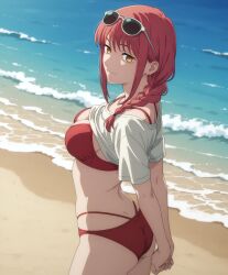 1girls ai_generated bikini bluu_ai chainsaw_man makima_(chainsaw_man) red_bikini solo sunglasses sunglasses_on_head swimsuit