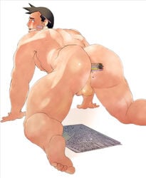 1boy 1male all_fours ass ass_juice back back_muscles back_view backsack balls bandage bandage_on_face bandaid_on_face bara big_ass big_butt black_eyes black_hair blush blushing bubble_ass bubble_butt capcom dick_gumshoe gyakuten_saiban hands_on_floor hands_on_ground human human_only insertion journal looking_at_viewer looking_back male male_focus male_only manly mature mature_male muscle muscles muscular muscular_back muscular_legs muscular_male naked newspaper nipples nude nude_male object_in_ass object_insertion pencil_on_ear presenting presenting_ass presenting_butt short_hair simple_background solo solo_focus solo_male teeth teeth_clenched teeth_showing thick_ass thick_legs thick_thighs white_background