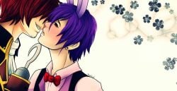 anime_style before_kissing blue_hair blush blush_lines bonnie_(fnaf) bowtie breathing bunny_ears clovers_in_background ear_piercing five_nights_at_freddy's foxy_(fnaf) fully_clothed grinning hook_hand human no_eyes pink_shirt pirate pirate_outfit red_bowtie red_eyes red_hair scott_cawthon scottgames smile