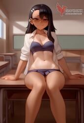 1girls 2d ai_generated areolae ass back bare_shoulders big_ass black_hair blue_eyes bra brown_eyes dark_skin dark_skinned_female day erophoenix female female_focus full_body hairclip hayase_nagatoro jewelry long_hair looking_at_viewer one-piece_tan panties patreon_username please_don't_bully_me,_nagatoro sitting skin_fang small_breasts smile solo tan tan_body tan_lines tanline thick thick_thighs uncensored underwear undressing