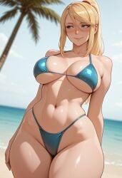 1girls ai_generated bikini blue_bikini metroid mirimachina samus_aran solo swimsuit wide_hips