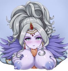 areolae blush breasts circlet dragon_quest dragon_quest_xi earrings female jewelry krystalinda large_breasts long_hair looking_at_viewer nail_polish nipples oral paizuri penis pov titfuck yas_(35373)