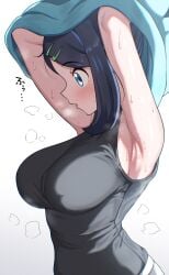 absurdres armpits black_hair black_tank_top blue_eyes blush breasts female fully_clothed hair_ornament hairclip heavy_breathing highres kiteman442 large_breasts liko_(pokemon) multicolored_hair nintendo pokemon pokemon_(anime) pokemon_horizons shorts sleeveless sweat sweater tank_top undressing