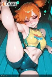 ai_generated armpits artist_name bare_shoulders blush breasts cameltoe closed_eyes closed_mouth dollmaker dollmaker_(artist) female kasumi_(pokemon) kneepits leg_up medium_breasts midriff navel orange_hair patreon_logo patreon_username poke_ball pokemon_(creature) shorts side_ponytail split spread_legs suspenders tagme watermark web_address