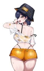 1girls absurdres ass belle_(zenless_zone_zero) bikini bikini_under_shorts blue_hair bucket_hat commentary cowboy_shot female from_behind green_eyes hahyaha hat highres looking_at_viewer looking_back official_alternate_costume orange_bikini orange_shorts see-through_clothes see-through_shirt shirt short_hair short_shorts shorts simple_background solo swimsuit symbol-only_commentary thighs white_background white_shirt zenless_zone_zero