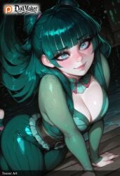 ai_generated artist_name ass bangs blunt_bangs blush bodysuit breasts cleavage deviantart_username dollmaker dollmaker_(artist) female glowing green_hair long_hair looking_at_viewer patreon_logo patreon_username smile solo tagme watermark web_address