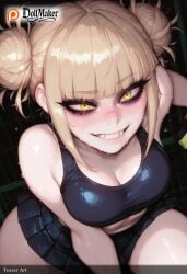 ai_generated bangs blonde_hair blunt_bangs blush breasts cleavage dollmaker dollmaker_(artist) double_bun eyebrows_visible_through_hair fangs female looking_at_viewer messy_hair navel oerba_yun_fang patreon_username pleated_skirt skirt smile solo sweat tagme toga_himiko web_address yellow_eyes