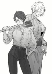 2girls axe big_breasts business_attire business_woman cigarette cleavage cute_fang dress_shirt female female_only fully_clothed gegege_no_kitarou genderswap_(mtf) height_difference kimono kitarou_tanjou_gegege_no_nazo kngr_dappou looking_at_viewer medama_oyaji_(human) mizuki_(gegege_no_kitarou) monochrome no_bra office_lady rule_63 scar scar_across_eye short_hair sleeves_rolled_up smoking underboob very_short_hair weapon wide_hips