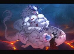 abs animal_genitalia anthro ao_guang biceps blush clenched_teeth clothed clothed/nude clothing dragon duo eastern_dragon egg egg_from_cloaca embarrassed genital_slit genitals hair hand_on_abs hi_res human kazhijun kneeling male male/male mammal muscular muscular_male mythological_creature mythological_scalie mythology nude oviposition robe scalie side_view size_difference standing teeth tongue tongue_out white_body
