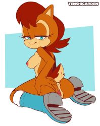 anthro anus archie_comics areola ass bedroom_eyes blue_eyes blush boots boots_only breasts brown_body brown_fur butt_grab chipmunk clothing digital_media_(artwork) female footwear footwear_only fur genitals ground_squirrel hair half-closed_eyes hand_on_butt hi_res looking_at_viewer mammal mostly_nude narrowed_eyes nipples nude presenting presenting_vulva red_hair redraw rodent sally_acorn sciurid seductive sega shoes simple_background sitting smile solo sonic_the_hedgehog_(archie) sonic_the_hedgehog_(comics) sonic_the_hedgehog_(series) spread_butt spread_vulva spreading tail tenshigarden vulva