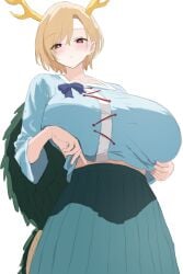 antlers blonde_hair blue_shirt blush breasts closed_mouth dragon_girl dragon_horns dragon_tail female green_scales green_tail hair_between_eyes horns kicchou_yachie large_breasts looking_at_viewer monster_girl moriforest1040 red_eyes scales shirt short_hair simple_background sketch skirt solo square_neckline standing tail touhou turtle_shell white_background yellow_horns