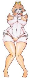 absurdres alternate_breast_size bikini blue_eyes breasts breasts_bigger_than_head brown_hair female gaixas1 gaixas1draw grin highres large_breasts legs looking_at_viewer mario_(series) micro_bikini navel nintendo princess princess_daisy short_hair smile solo super_mario_land swimsuit thighs toned traditional_media