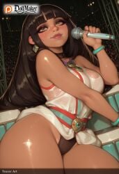 ai_generated bangs bare_shoulders black_hair black_panties blunt_bangs blush bracelet breasts brown_eyes dark-skinned_female dark_skin dollmaker dollmaker_(artist) dress earrings female jewelry long_hair panties patreon_logo patreon_username see-through sitting smile solo tagme thighs underwear watermark web_address
