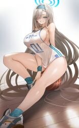 absurdly_long_hair absurdres alternate_costume arm_behind_back asuna_(blue_archive) ball bare_arms bare_shoulders basketball_(object) basketball_jersey blue_archive blue_eyes blue_halo blue_socks blush breasts commentary female hair_over_one_eye halo highres large_breasts long_hair one_eye_covered shoes sideboob sitting smile sneakers socks teddypocky thighs very_long_hair wooden_floor wristband
