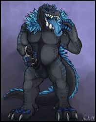 absurd_res acidic anjanath anthro balls barazoku belly big_belly black_penis black_sclera blue_eyes blue_markings bodily_fluids brute_wyvern capcom cum cum_on_hand cum_on_penis foreskin front_view full-length_portrait genital_fluids genitals grey_balls grey_body hi_res humanoid_genitalia humanoid_penis hybrid_genitalia hybrid_penis kage6415 long_tongue looking_at_viewer male markings masturbation medial_ring medial_ringed_humanoid_penis medial_ringed_hybrid_penis monster_hunter muscular muscular_anthro muscular_male narrowed_eyes nude open_mouth overweight overweight_anthro overweight_male pecs penile penile_masturbation penis portrait saliva saliva_string solo standing tongue tongue_out