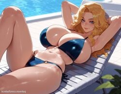 ai_generated balecxi big_breasts black_bikini blue_eyes laying_back mirror_image miss_fortune poolside red_hair sexy thick_thighs