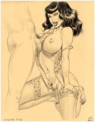 1boy 1boy1girl 1girls bettie_page big_breasts black_hair breasts breasts_out cock_between_breast erection faceless_male hand_on_pussy hand_on_thigh heels julius_zimmerman kneel kneeling_oral_position leopard_print licking_penis long_hair looking_up_at_partner nipples on_knees penis_between_breasts pussy tongue tongue_out