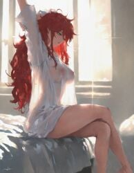 kizirugai pyrrha_nikos red_hair rwby see-through_clothing sitting_on_bed stretching