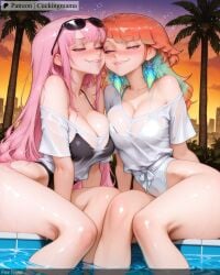 2girls ai_generated aqua_hair bamboo bangs bare_tree bath bathing beach bikini black_bikini blue_hair blunt_bangs blush boat bottomless branch breasts cleavage closed_eyes cloud coconut cuckingmama earrings evening eyebrows_visible_through_hair eyewear_on_head fisheye gradient_hair green_hair grin highleg_swimsuit hololive horizon in_water island jewelry lake large_breasts leaf long_hair medium_hair mole mori_calliope multicolored_hair multiple_girls ocean off-shoulder_shirt off_shoulder one-piece_swimsuit open_mouth orange_hair orange_sky outdoors palm_leaf palm_tree partially_submerged partially_underwater_shot pier pine_tree pink_hair plant pool poolside potted_plant red_sky ripples see-through shallow_water sharp_teeth shirt shore sitting sky smile soaking_feet sun sunglasses sunset swimsuit tagme takanashi_kiara tanabata tanzaku thighs tiara tied_shirt tree twilight two-tone_hair virtual_youtuber wading water wet wet_clothes wet_shirt white_shirt white_swimsuit