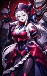 ai_generated armor belt bow breasts castle character_fusion cleavage detached_sleeves dress gothic gothic_lolita hair_between_eyes leggings midriff moon overlord_(maruyama) ponytail red_eyes shalltear_bloodfallen smile star_herald tie tie_between_breasts tied_hair vocaloid white_hair yowane_haku