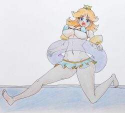 absurdres alternate_breast_size bikini blue_eyes breasts breasts_bigger_than_head brown_hair female gaixas1 gaixas1draw grin highres jumpsuit large_breasts legs looking_at_viewer mario_(series) micro_bikini navel nintendo princess princess_daisy short_hair smile solo super_mario_land swimsuit thighs toned traditional_media water