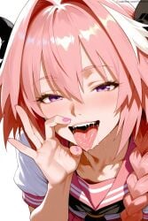 1boy ai_generated ass astolfo_(fate) big_ass braid classroom close-up collarbone fangs fate/grand_order fate_(series) fellatio_gesture femboy femboy_only fingernails hair_between_eyes hairbow half-closed_eyes hi_res high_quality high_resolution highres long_braid long_hair male male_focus miniskirt otoko_no_ko panties pink_fingernails pink_hair purple_eyes sailor_collar saliva saliva_on_tongue saliva_string saliva_trail self_upload serafuku shirt short_sleeves solo solo_femboy solo_focus streaked_hair teeth tongue tongue_out trap velutinx very_long_hair