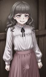 1boy ai ai_art ai_generated beige_hair bulge_through_clothing curly_hair defiant long_hair marina_(fear_and_hunger) mole pink_skirt pixai purple_eyes smile white_shirt