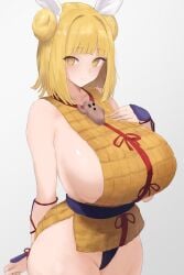 alternate_breast_size arm_guards armor belt blonde_hair breasts curvy female hair_bun hair_ribbon hand_on_breast haniwa_(statue) highleg huge_breasts jewelry looking_at_viewer massive_breasts mayumi_joutouguu medium_hair moriforest1040 no_pants pendant red_ribbon ribbon sideboob solo touhou vest white_ribbon yellow_eyes
